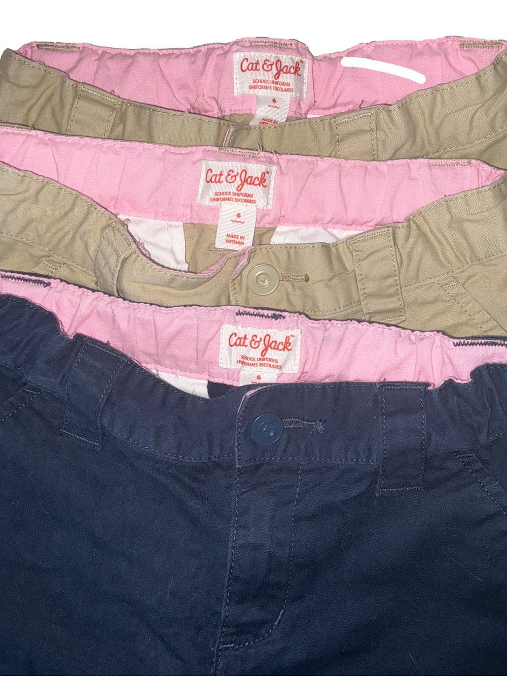 #126- 3 pairs of Cat & Jack Kids' Uniform Shorts - 1 Navy, 2-Khaki